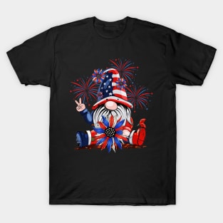 4th Of July American Flag Patriotic Gnome with sunflower T-Shirt